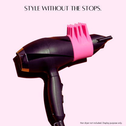 Product shown as a blow dryer attachment and hair dryer accessory